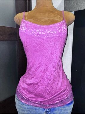 Y2K Pink Crinkle Lace Cami | McBling Barbiecore Tank Size Large ✨💖